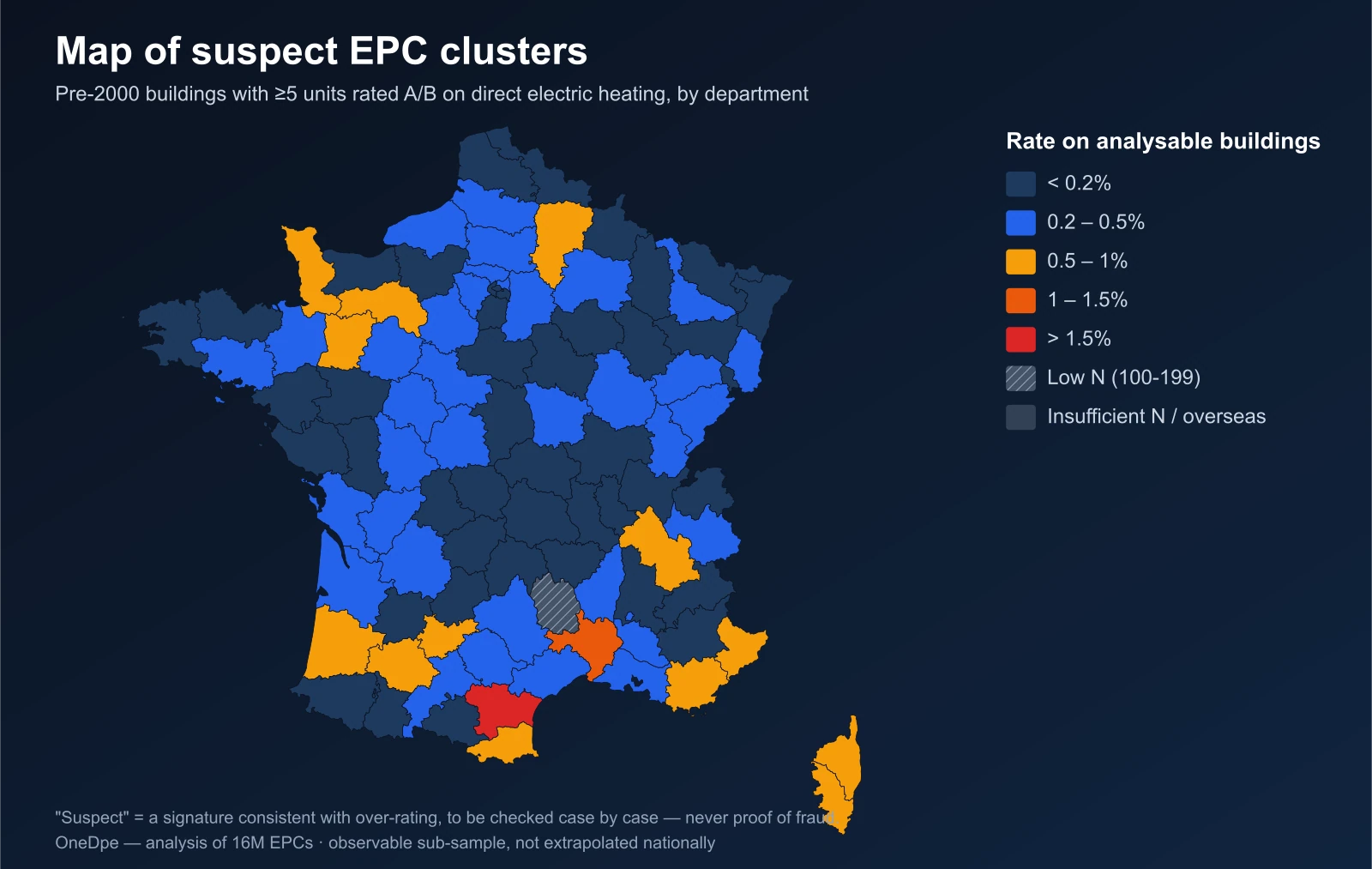 Map of France: rate of suspect-cluster buildings by department