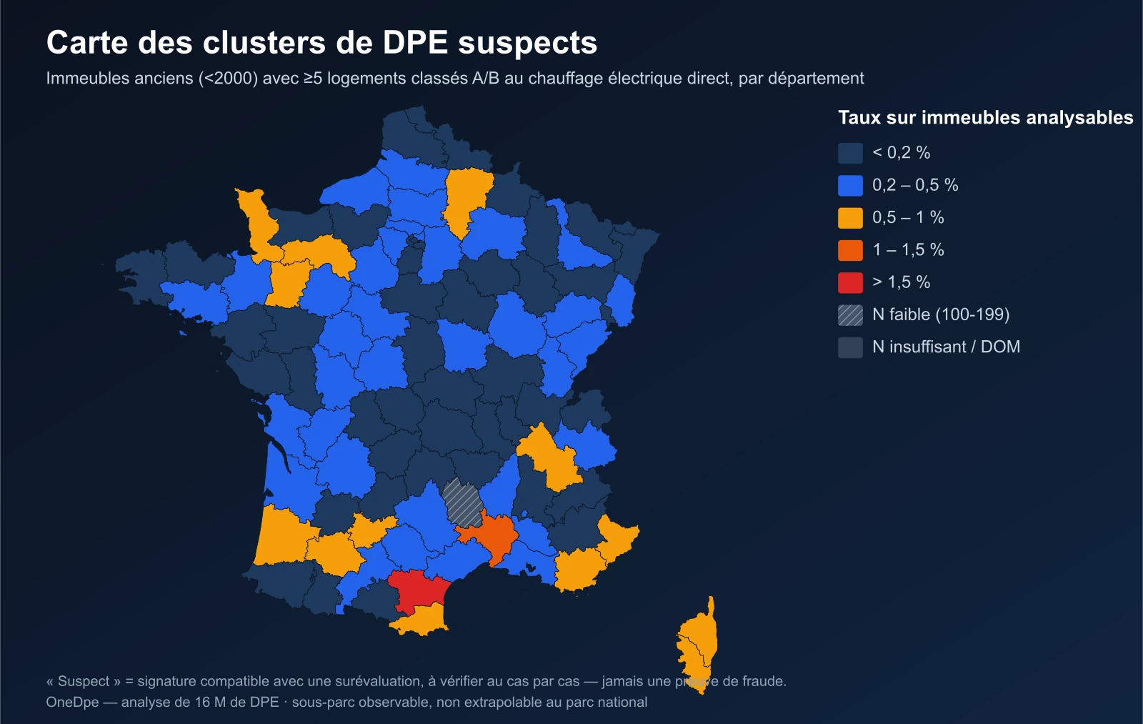 Carte de France du taux d'immeubles à cluster suspect par département