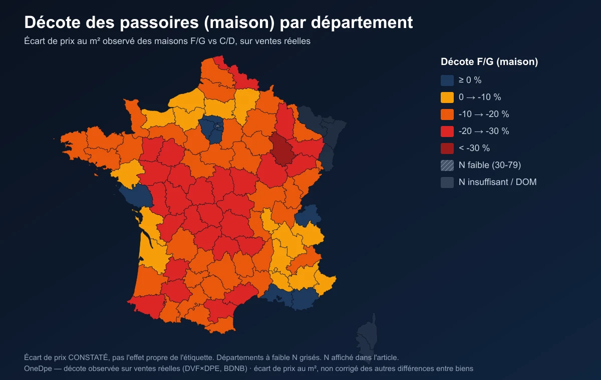 Carte de France de la décote des maisons passoires F/G par département