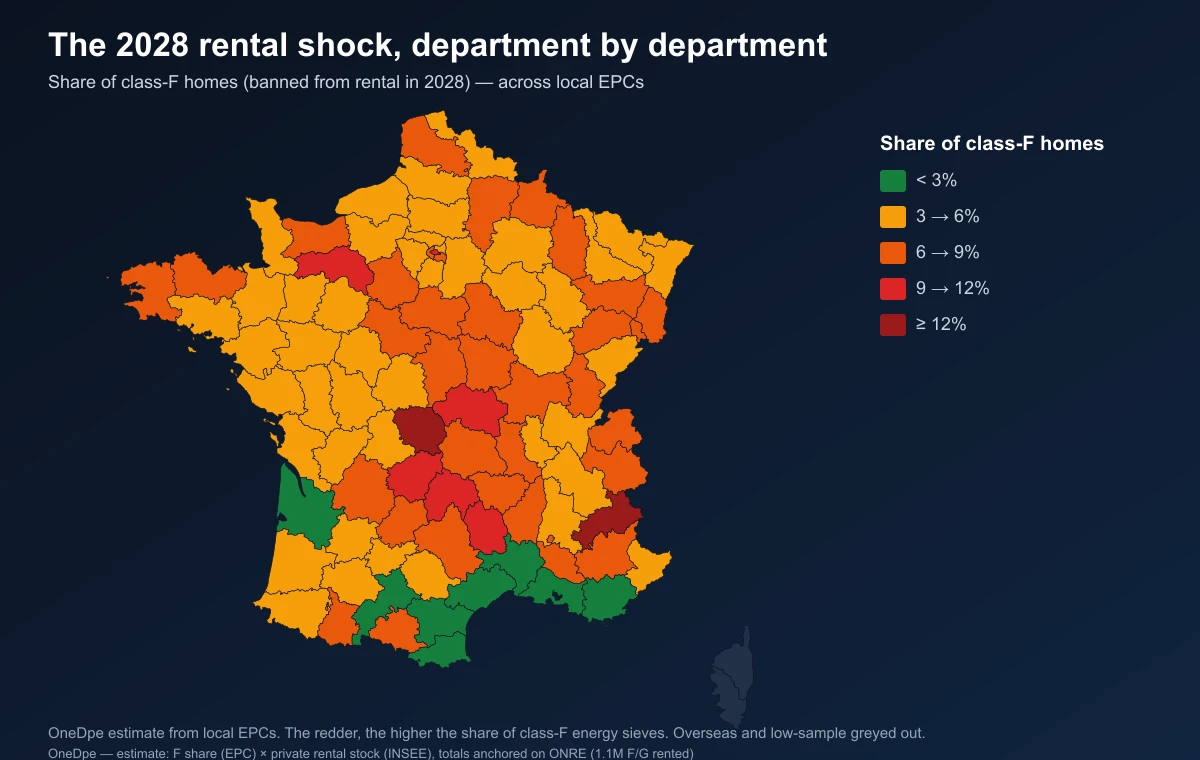 Map of France of the share of class-F homes (banned from rental in 2028) by department