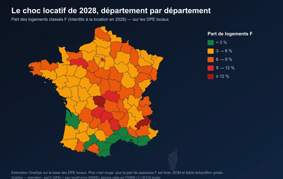 Carte de France de la part de logements classés F (interdits à la location en 2028) par département
