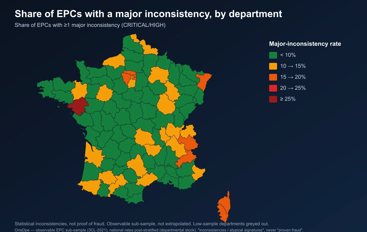 Map of France: share of EPCs with a major inconsistency by department