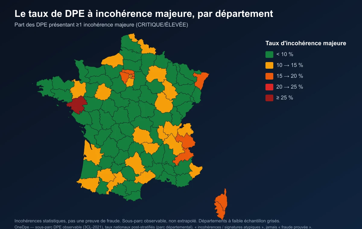 Carte de France du taux de DPE à incohérence majeure par département