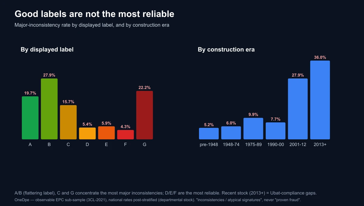 Major-inconsistency rate by displayed label (A to G) and by construction era