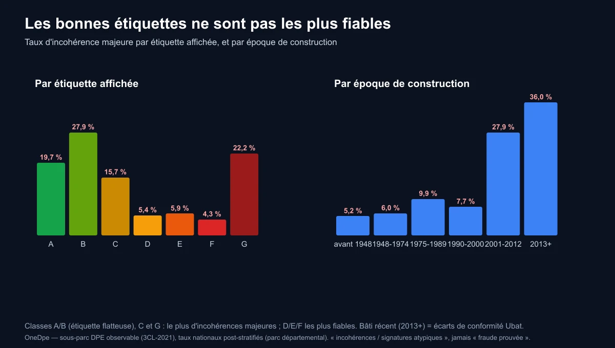 Taux d'incohérence majeure par étiquette affichée (A à G) et par époque de construction