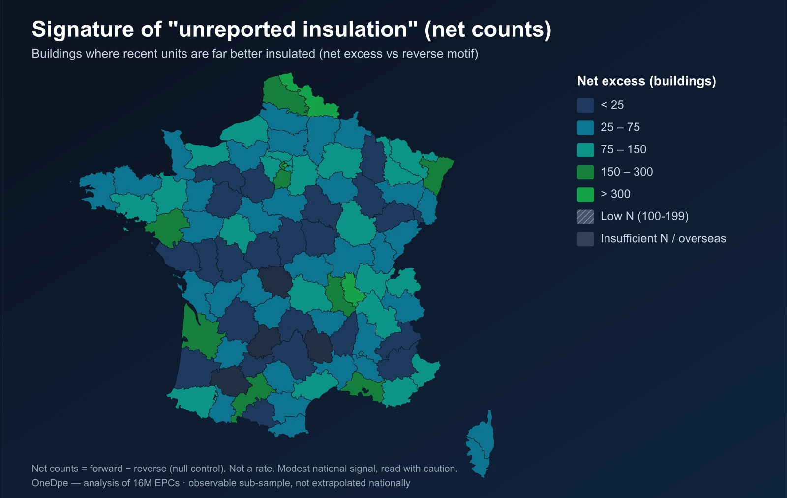 Map of France: net counts of the 'unreported insulation' signature by department