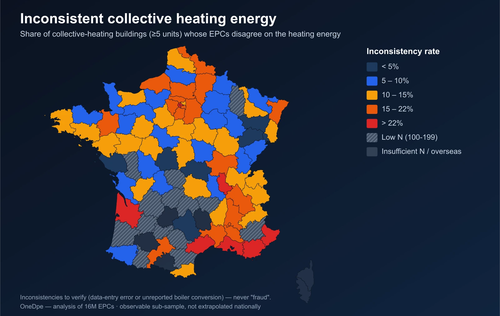 Map of France: collective heating energy inconsistencies by department
