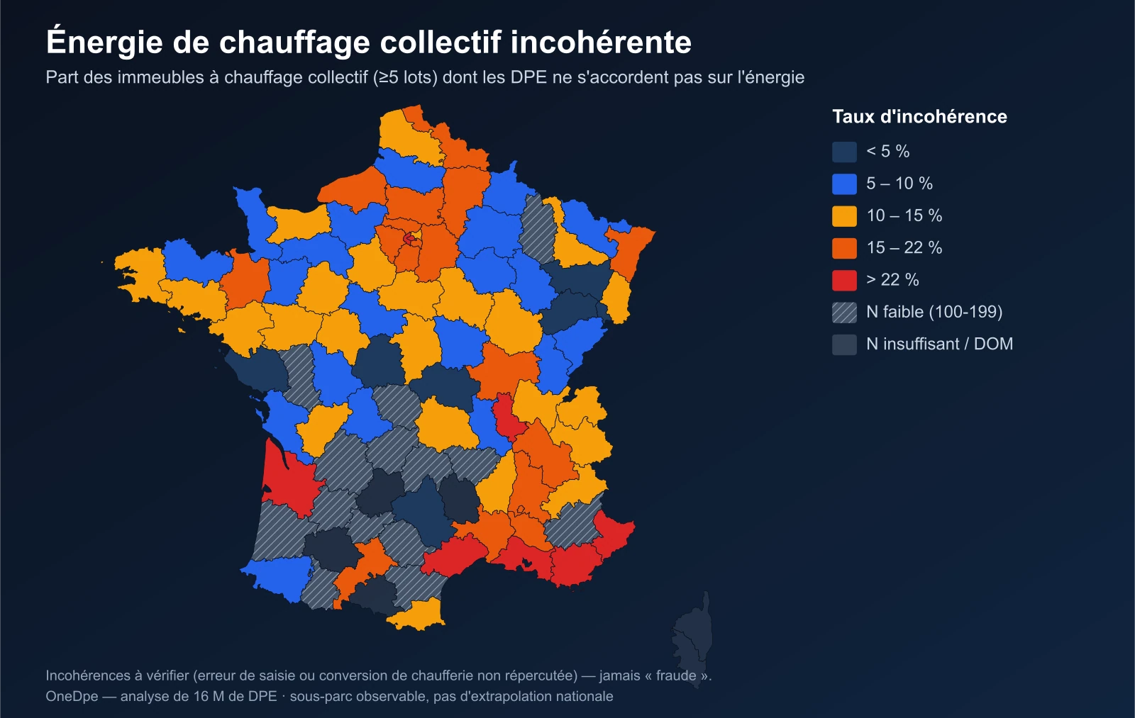 Carte de France des incohérences d'énergie de chauffage collectif par département