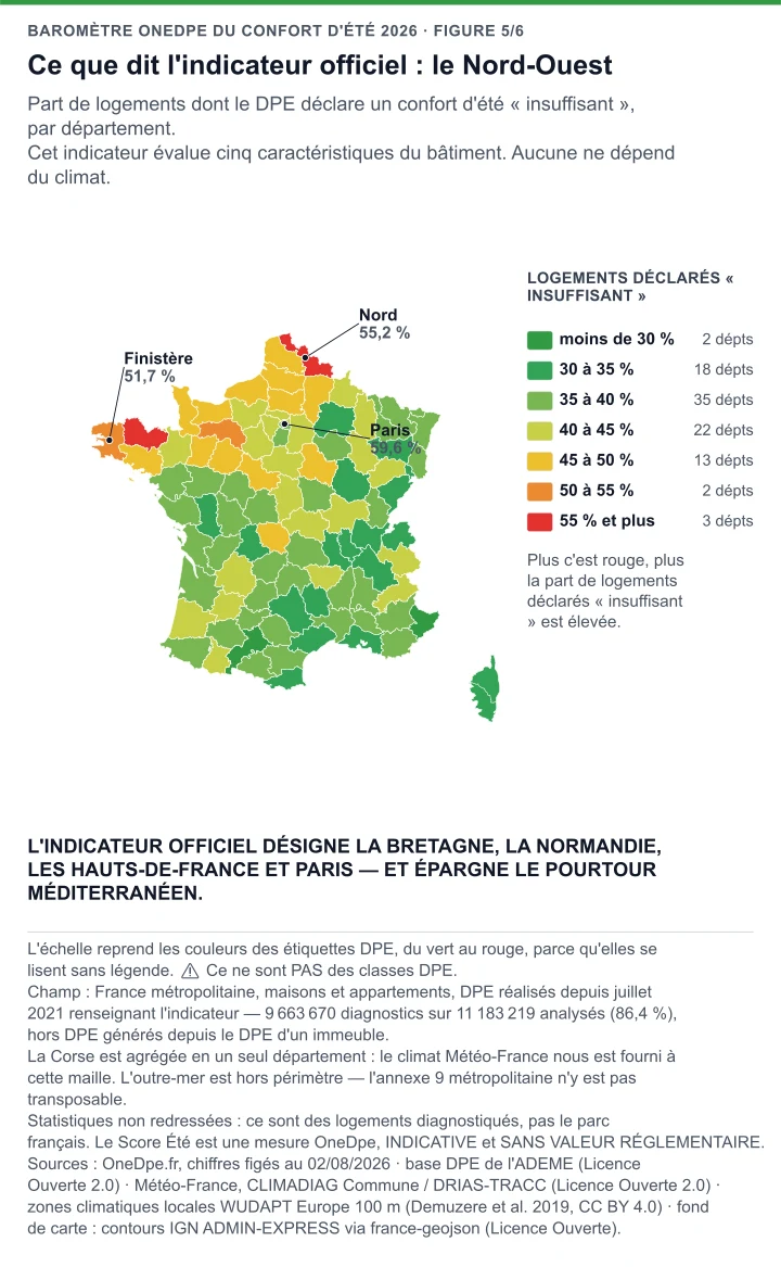 Carte de France par département de la part de logements dont le DPE déclare un confort d'été insuffisant