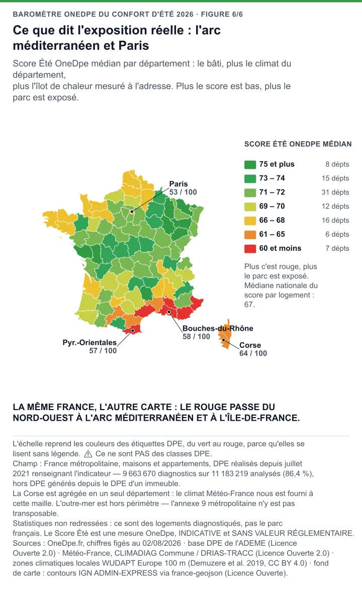Carte de France par département du Score Été OneDpe médian, du vert au rouge